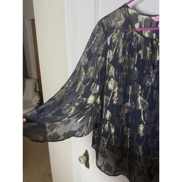 Lilly Pulitzer Beccer Silk Clip Top Navy Blue Gold Blouse Top Women's XS - Picture 5 of 10